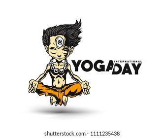 Young boy practicing yoga and meditation, vector illustration.