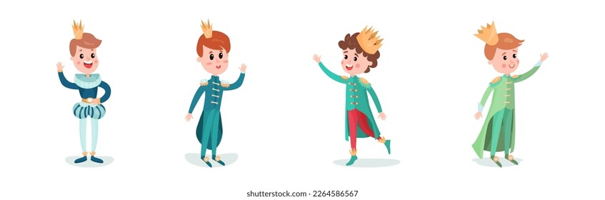 Young Boy Prince Wearing Royal Clothing and Crown on His Head Vector Set