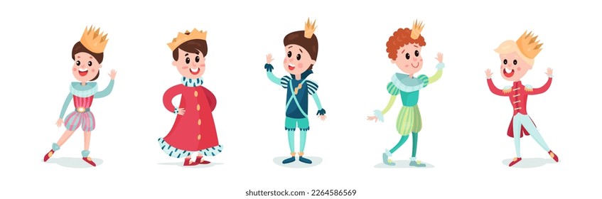 Young Boy Prince Wearing Royal Clothing and Crown on His Head Vector Set