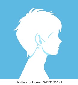 Young boy in profile. Blue background. Unrecognizable person without face. Boy isolated profile portrait.