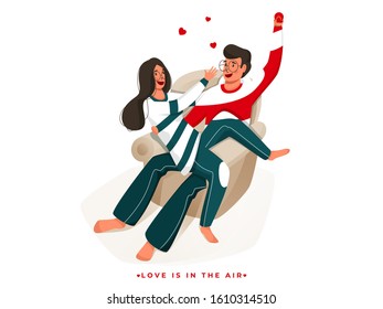 Young boy propose to his girlfriend sitting on sofa for Love is in the air concept.