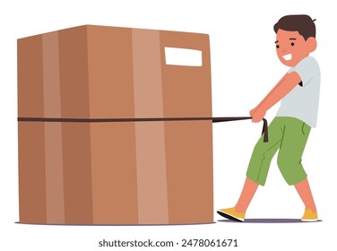 Young Boy Pulling A Large Cardboard Box Using A Strap. Child Character Appears To Be Smiling And Enjoying The Task, Signifying Fun, Effort, And Determination. Cartoon People Vector Illustration