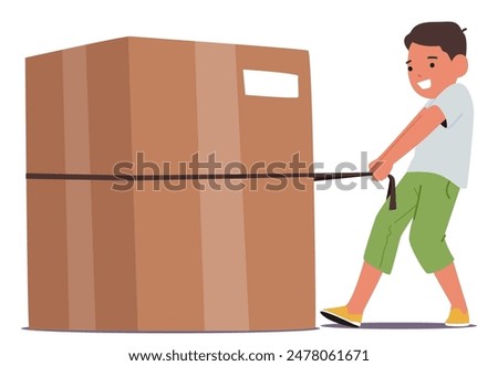 Young Boy Pulling A Large Cardboard Box Using A Strap. Child Character Appears To Be Smiling And Enjoying The Task, Signifying Fun, Effort, And Determination. Cartoon People Vector Illustration