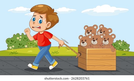 A young boy pulls a wooden cart filled with teddy bears on a sunny day. Bright colors and cartoon style enhance the playful scene