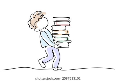 Young boy pupil walk and carry stack school books. Continuous one line drawing. Vector illustration. Education and back to school concept for logo, card, banner, poster flyer