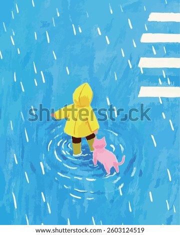 A young boy in a raincoat walking with his cat in the rain. A cozy and heartwarming illustration.