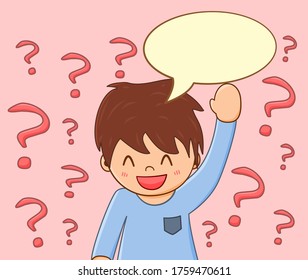 Young boy raising hand with bubble speech with many question to ask.