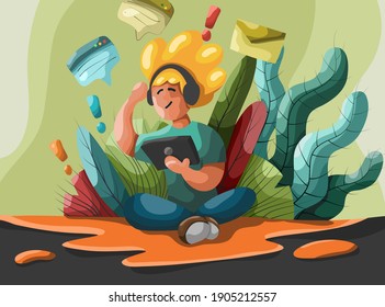 A young boy reach more idea from nature and his tablet