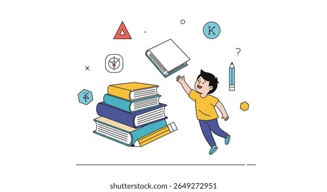 A Young Boy Reaching for a Book Above a Stack of Knowledgeable Literature Symbolizing Childhood Education and Intellectual Growth