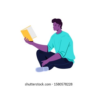 Young boy reading book alone - vector art and illustration
