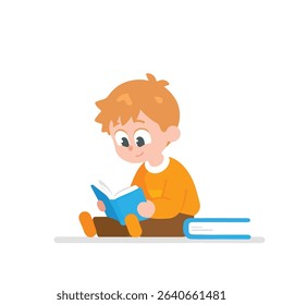 Young boy reading a book with enthusiasm, cute illustration style.