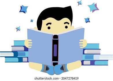 A young boy reading book in front of a pile of books. Literacy theme vector stock