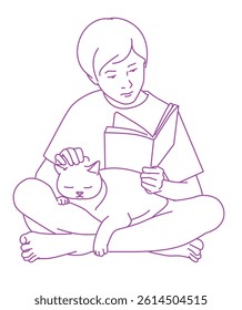 Young boy reading a book with his cat