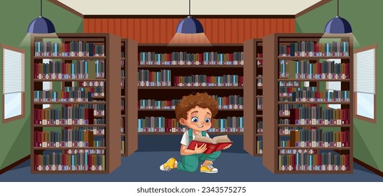 A young boy is reading a book in a library, surrounded by bookshelves