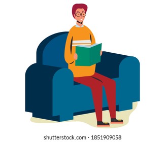 young boy reading book on sofa chair vector illustration in flat style