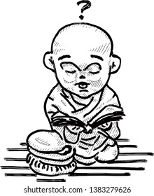 A young boy reading a book with a question mark over his head for the concept: Read more to learn. Hand drawn vector illustration. 