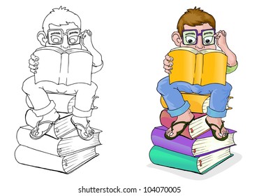 young boy reading book sit on books