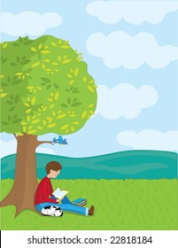 A young boy is reading a book under a tree. His dog is sleeping beside him.