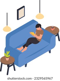 Young boy reading book while sitting on couch isometric Concept, Barefoot Man Lying Down On Sofa Vector Icon Design, Weekly holiday Activity Symbol, Week Rest Day Sign Lazy weekend people illustration