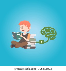 Young Boy Reading Books Charging His Brain With Information, Knowledge And New Ideas. Feed Your Brain Concept Illustration Vector.
