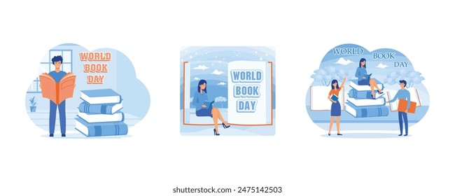 Young boy reading books. A girl reads a fantasy book against the background of a large book. Reading a picture book on World Book Day. Set flat vector illustration