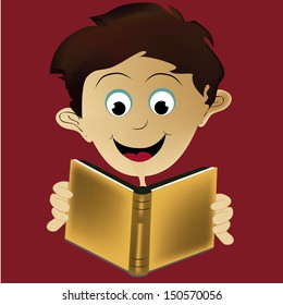 a young boy reading a brown book and having fun