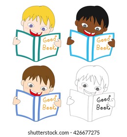 Young Boy Reading Good Book Vector Illustration