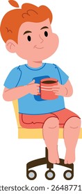 A young boy with red hair sits on a swivel chair holding a mug in a playful cartoon style. The child wears casual clothes and smiles contentedly while seated. Cartoon vector illustration.