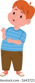 A young boy with red hair wearing a striped shirt and brown pants, drawn in a playful style. The child stands with a surprised expression and hands gesturing. Cartoon vector illustration.