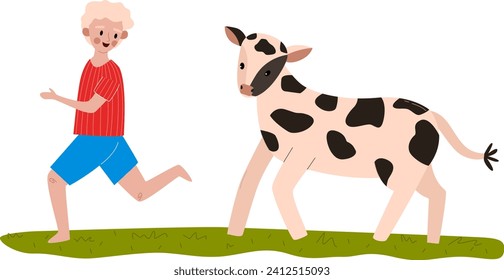 Young boy in red shirt and blue shorts playing with a spotty calf on green grass. Child enjoying time with farm animal, joyful playtime outdoors vector illustration.