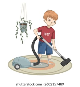 A young boy in a red shirt and blue shorts is vacuuming the floor, helping with household chores.