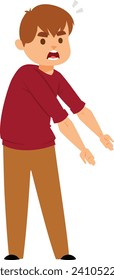 Young boy in red shirt and brown pants looking angry and upset. Mad child with crossed arms and frustrated expression. Emotional kid, childhood emotions vector illustration.