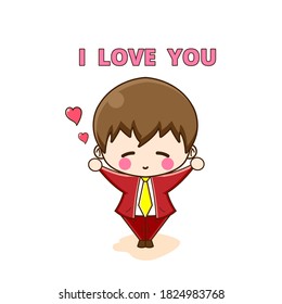 Young boy in red suit style saying I love you. Vector illustration of cute chibi character isolated on white background. 