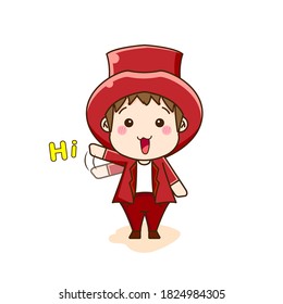 Young boy in red suit style saying HI. Vector illustration of cute chibi character isolated on white background. 