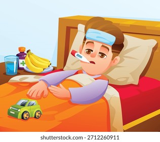 Menino descansando na cama, isolado por doença, com febre, termômetro na boca e compressa fria na testa. Ilustração de desenho animado vetorial