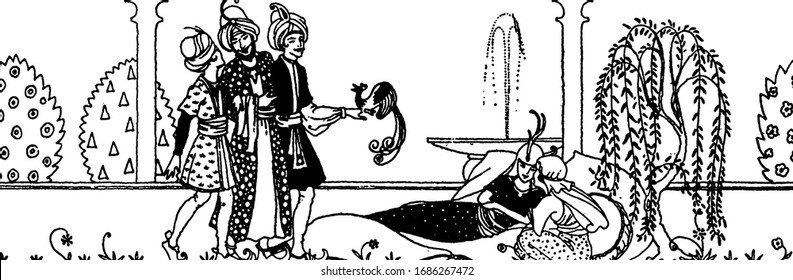 A young boy resting on couch and talking to girl sitting near him, three men with bird standing in front of them, vintage line drawing or engraving illustration