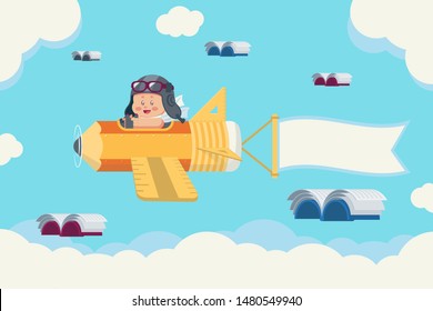 Young boy with retro pilot hat and glasses on stationery plane with pencil, ruler, triangle set square, banner and flying books in the sky with clouds