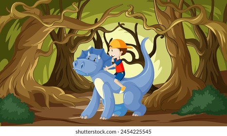 Young boy rides a friendly blue dragon in woods.