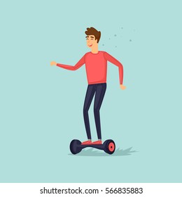 Young boy rides on a mini scooter. Flat vector illustration in cartoon style.