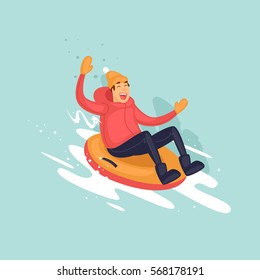 Young boy rides on a tubing in the snow. Winter. Flat vector illustration in cartoon style.