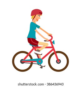 Young boy rides red bike on isolated background. Kid healthy leisure rides bike. Boy in helmet pedaling on summer time. Flat vector color illustration