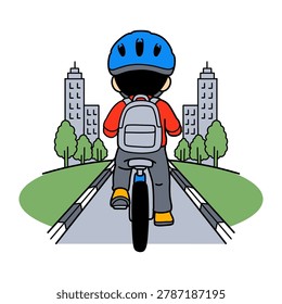 Young Boy Riding Bicycle Down Urban Road With Buildings Flat Vector Illustration For Commute And Travel