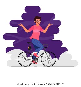 Joven Montando En Bicicleta Sobre Un Fondo Abstracto.