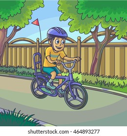 Young boy riding a bicycle on street. Vector Illustration.