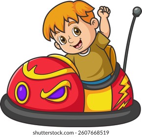 a young boy riding a bumper car of illustration