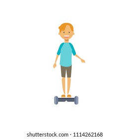 young boy riding electro scooter over white background. cartoon full length character. flat style vector