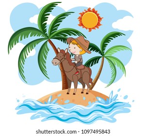 A Young Boy Riding Horse on Island illustration