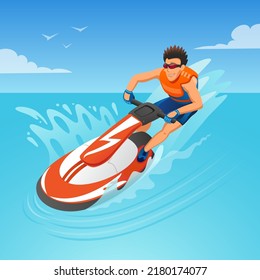 Young Boy Riding a Jet Ski on the Beach. Vector clip art. Aquabike on ocean waves illustration for your vacation project.