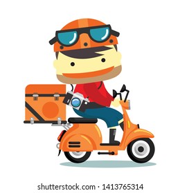 Young boy riding orange Take a photo tour in the city. Scooter popular means of transport in a modern city. Advertisements, brochures, business templates. In flat style vector illustration.