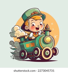 Young boy is riding a train. Vector graphics. Illustration for a child. Smiling, cheerful young boy.